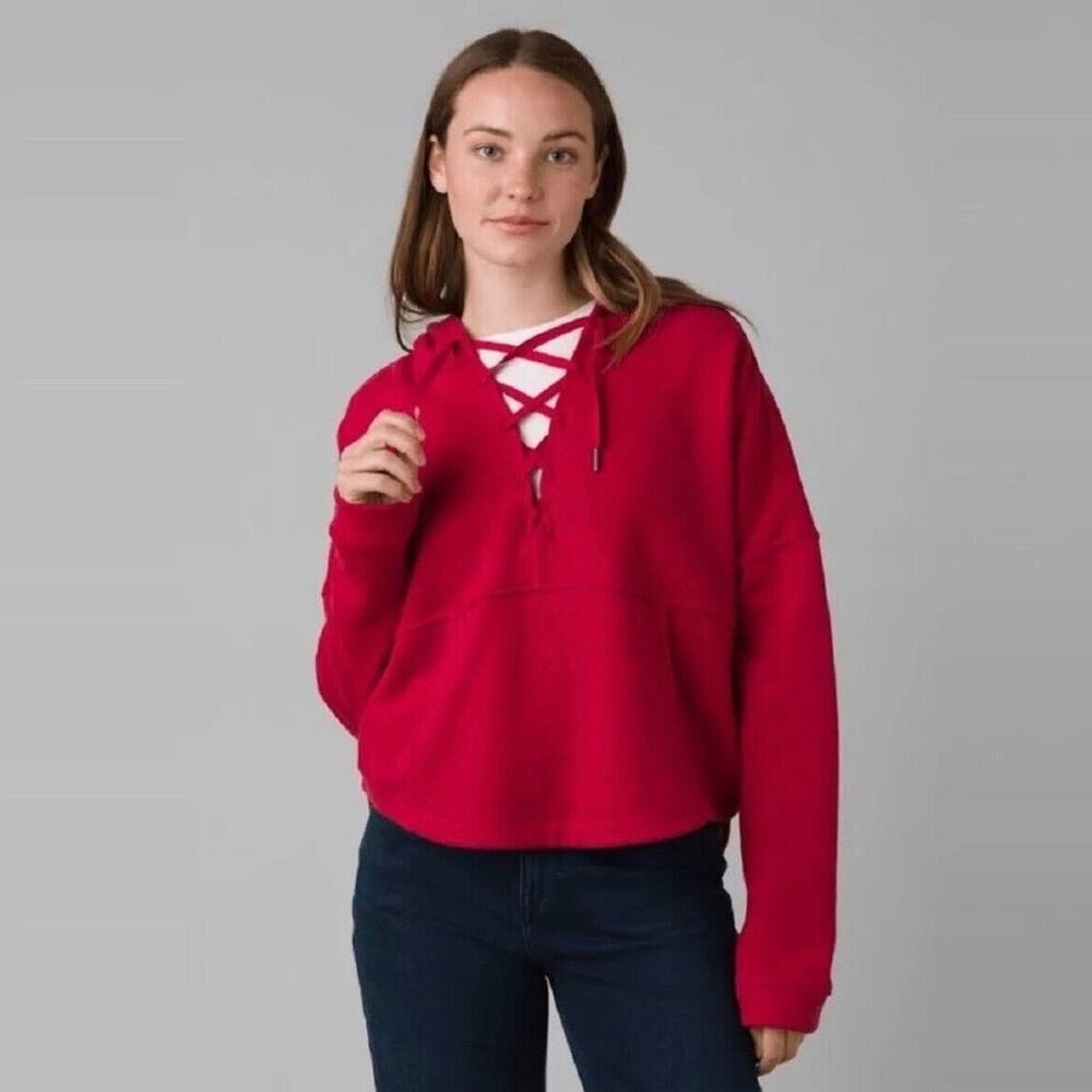 Prana Women's Red Cozy Up Illana Hoodie - Crop Sweatshirt - Size Large - Hemp